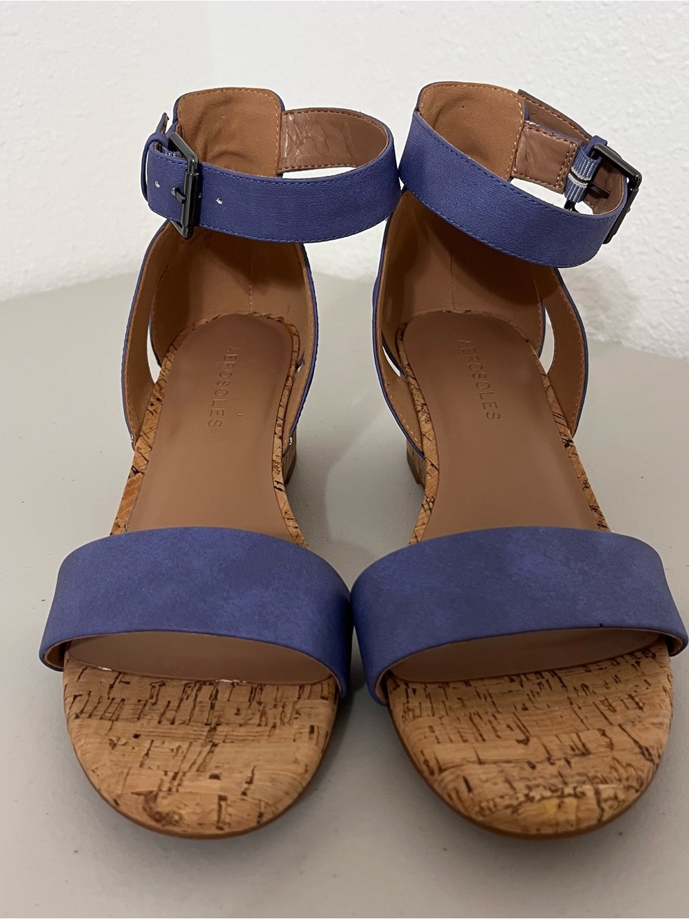 AEROSOLES Blue Ankle-Strap Cork Wedge Sandals Sz 8W
